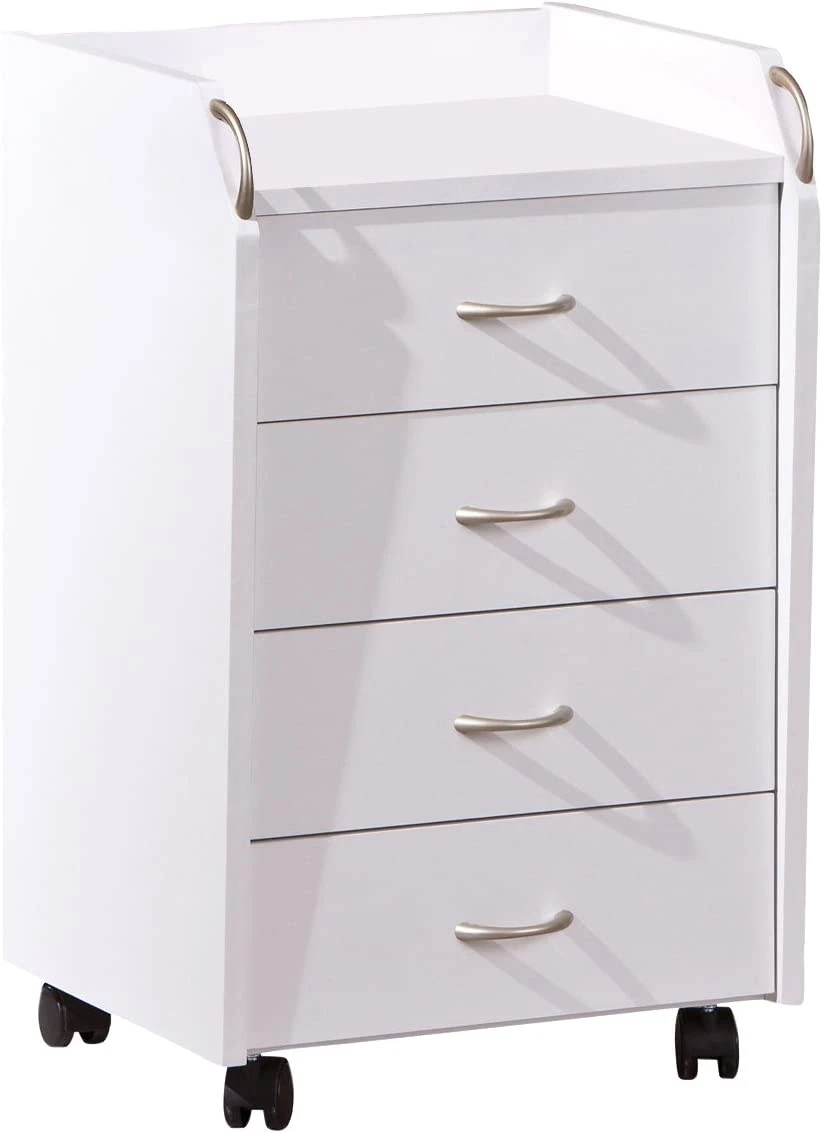 Comodino A Forma Di E Con Presa E Ruote – Beige, In Truciolare E1, Con Piano – Per Camera Da Letto E Soggiorno