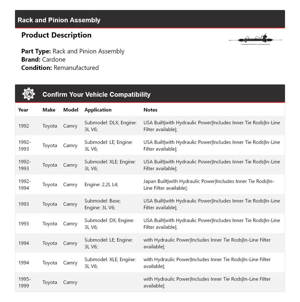 Montaje de piñón y cremallera para Toyota Camry 1992-1999 Cardone 1993 1994 1995 1996 Foto 2 de 4