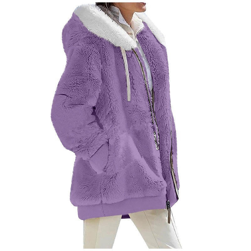 Autumn And Winter Warm Plush Patchwork Zipper Pocket Hooded Loose Coat Women main image 1