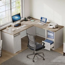 60 inch L Shaped Desk with Monitor Stand & Storage Shelves Corner Computer Desk