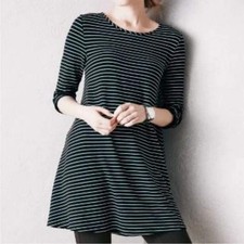 Garnet Hill Black White Striped 3/4 Ruched Sleeve Tunic Swing Dress Womens Large