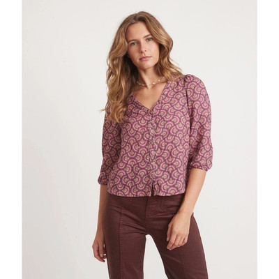 Marine Layer Colette Doublecloth Top Button Front Fan Block Print Purple XS NWT