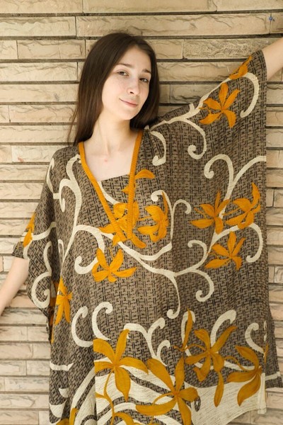 100% Crepe Silk Brown and Yellow Kaftan Set V-Neck Long Women Dress MG1094