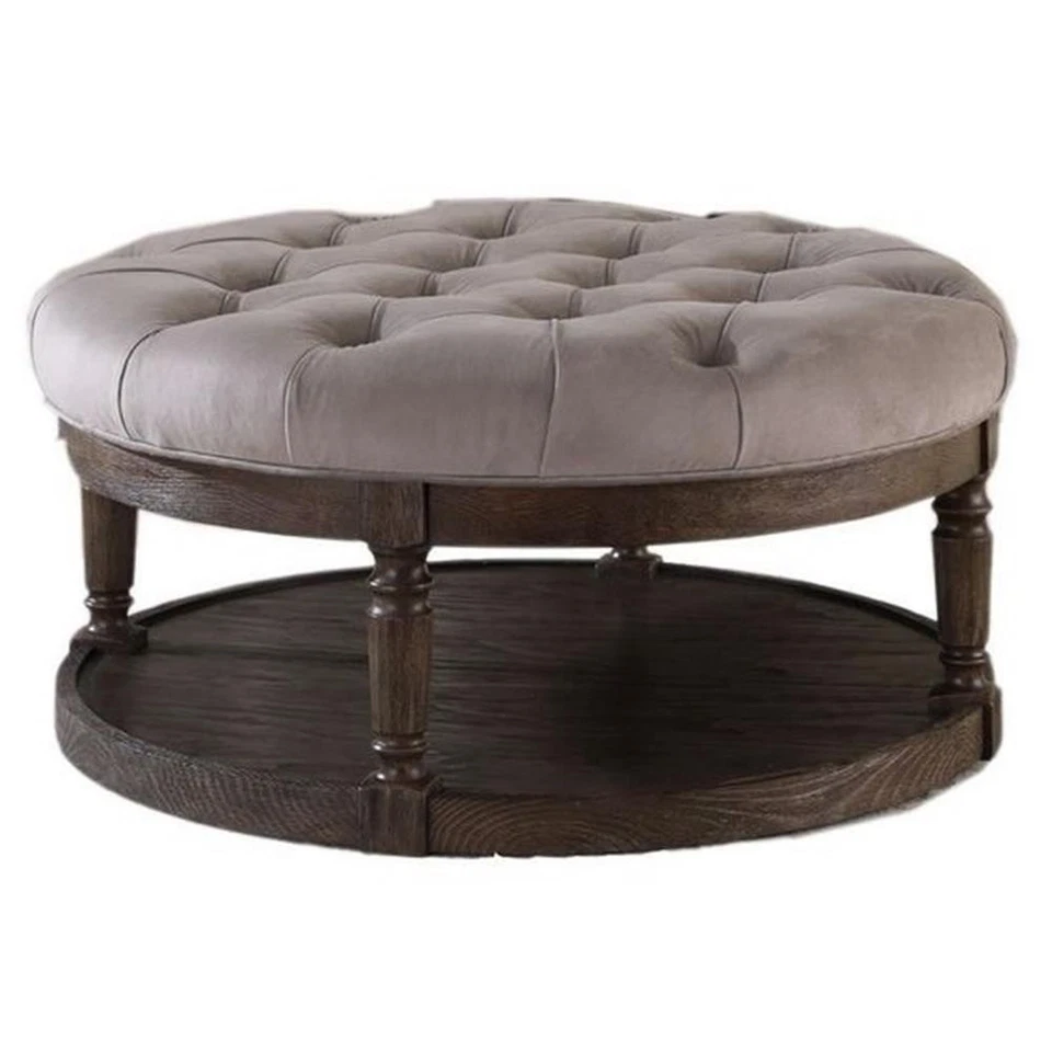 Pemberly Row Linen Fabric Upholstered Round Ottoman in Otter/Smoked Rustic Gray - Image 2 of 2