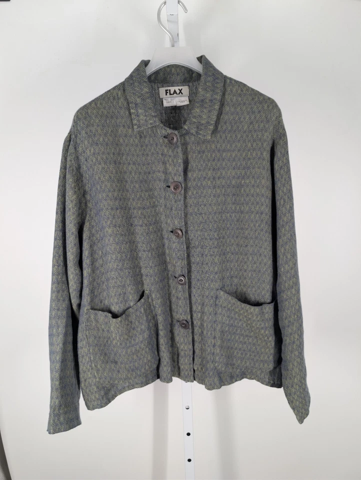 Flax by Jeanne Engelhart Vintage Green Blue Herringbone Linen Chore Artist Small - Image 3 of 4