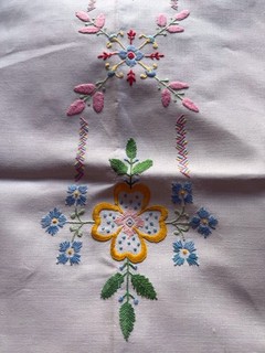 Vintage Cream Irish Linen Large Tablecloth Hand Embroidery And Crocheted Edging