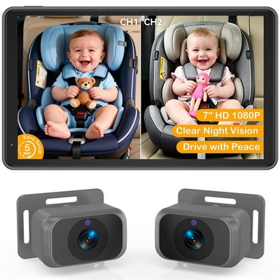 Baby Car Camera for 2 Kids - 7-Inch Split-Screen Monitor, Dual HD 1080P Camer...