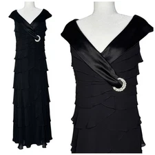 Alex Evenings Dress 12 Tiered Ruffle Chiffon Satin Gown Rhinestone Shawl Collar