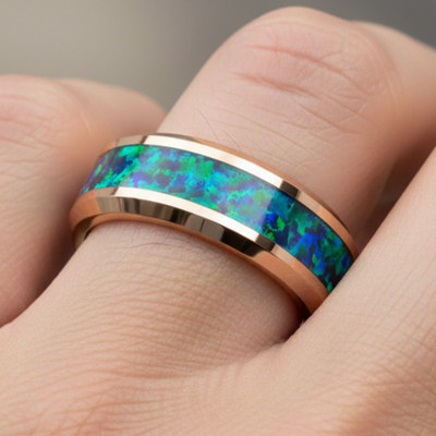 8mm Men s Rose Gold Tungsten Ring with Emerald Green Opal Inlay Wedding Band