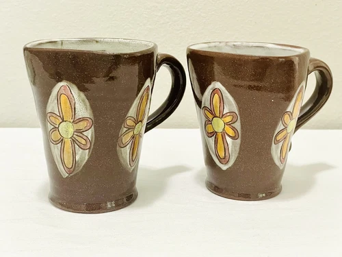 1970s Signed Pair of Vintage Brown White Speckled Floral Coffee Mugs Shino Glaze