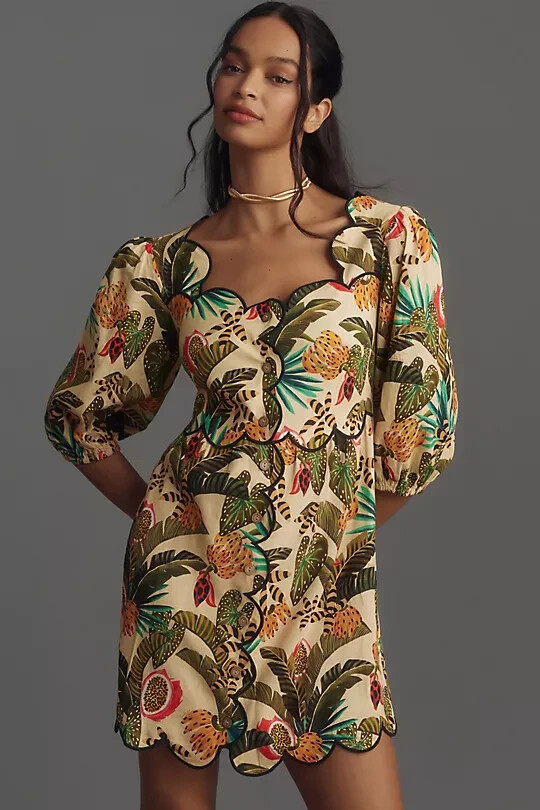 farm rio x anthropologie scalloped shirt dress Farm Rio Anthropologie XLP NWT Square-Neck Scallop-Trim Blouse Dress Linen  XL P