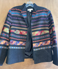 Coldwater Creek P12 Stripes of Plaid Lined Denim Beaded Ribbon Blazer Jacket