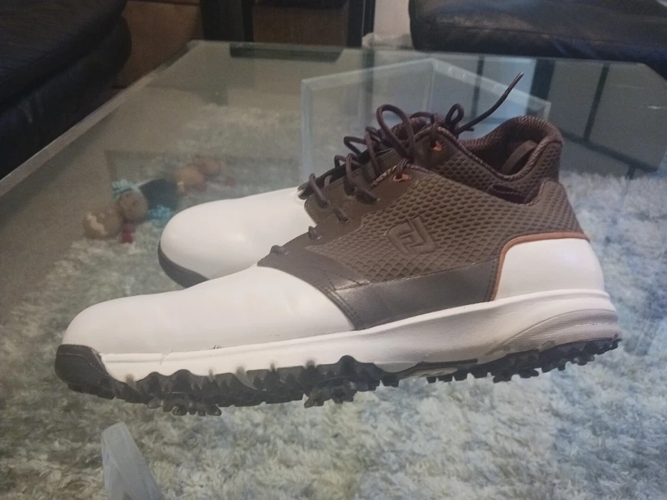 Foot Joy Men Golf Shoes Contour Leather Mint White/brown With Spikes Size 13 Men - Image 2 of 4