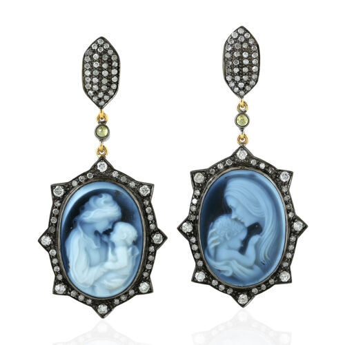 925 Silver Mother Child Dream Cameo Artist Earrings Diamond 18K Gold Blue Agate - Picture 1 of 6