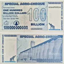 25 X 100 Billion Dollars Zimbabwe Special Agro Cheque 2008 Authentic COA