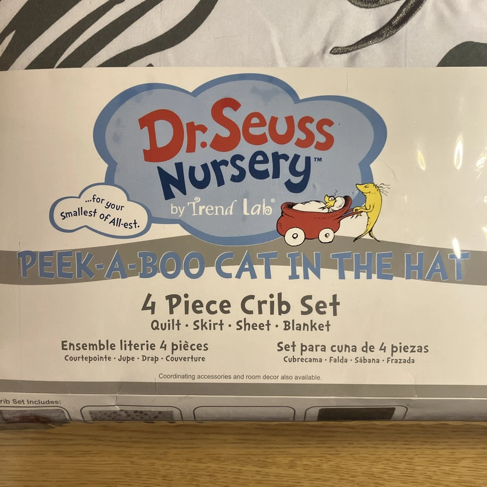 Dr. Seuss Nursery Cat In The Hat 4 Piece Crib Set Quilt Skirt Sheet Blanket - Image 2 of 4