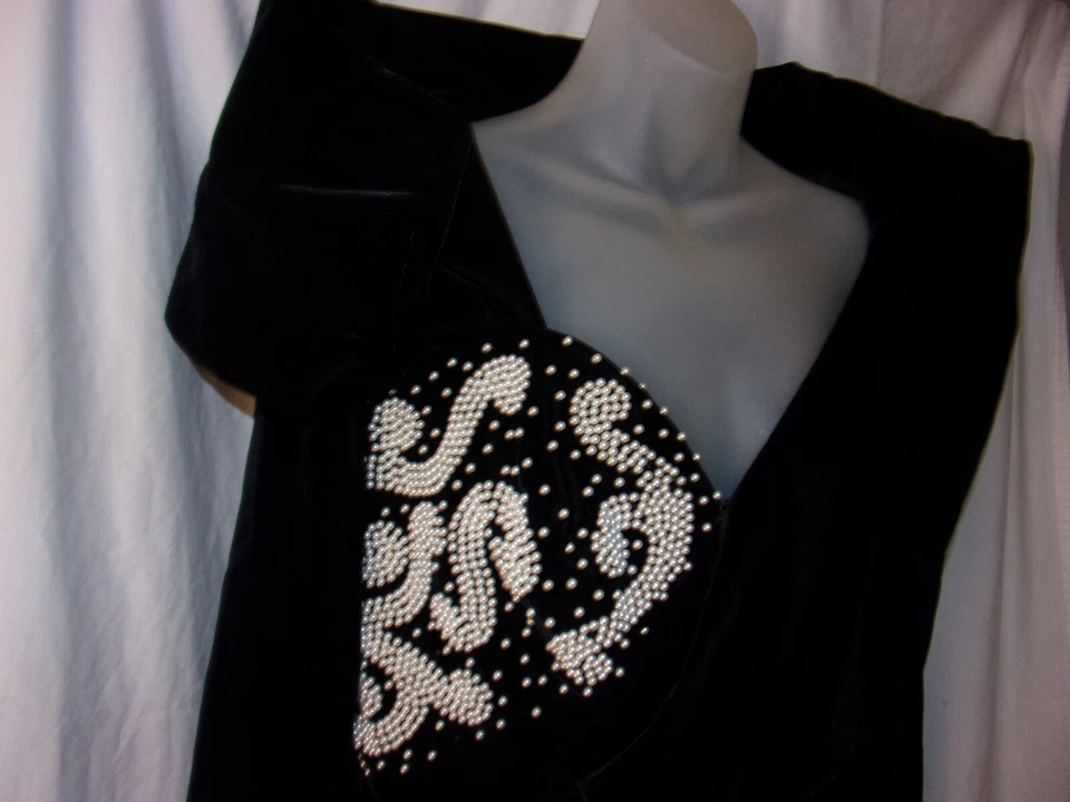 Impresionante vestido de noche de terciopelo negro tafetán rosa detalle de perlas M/L Foto 4 de 4