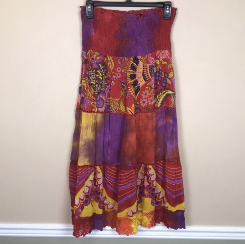 NWT Chaudry Women’s Boho Tie Dye Floral Print Smocked Lace Dress / Skirt Sz S