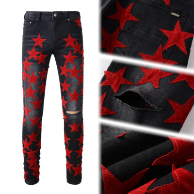 Men's Classic colors Stars Patches Ripped Acid Washed Skinny Fit Stretch Jeans