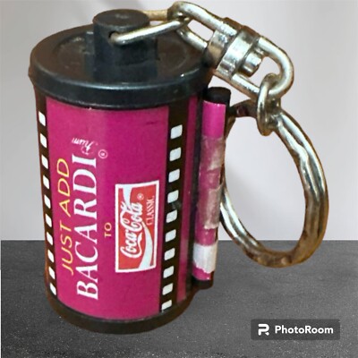 Coke Just Add Bacardi Rum Keychain Film Canister Liquor Advertising Keyring RARE