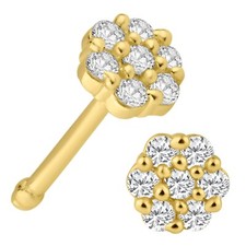 14K Solid Yellow Gold 4mm 7 Round Cubic Zirconia Flower Design 22g Nose Bone
