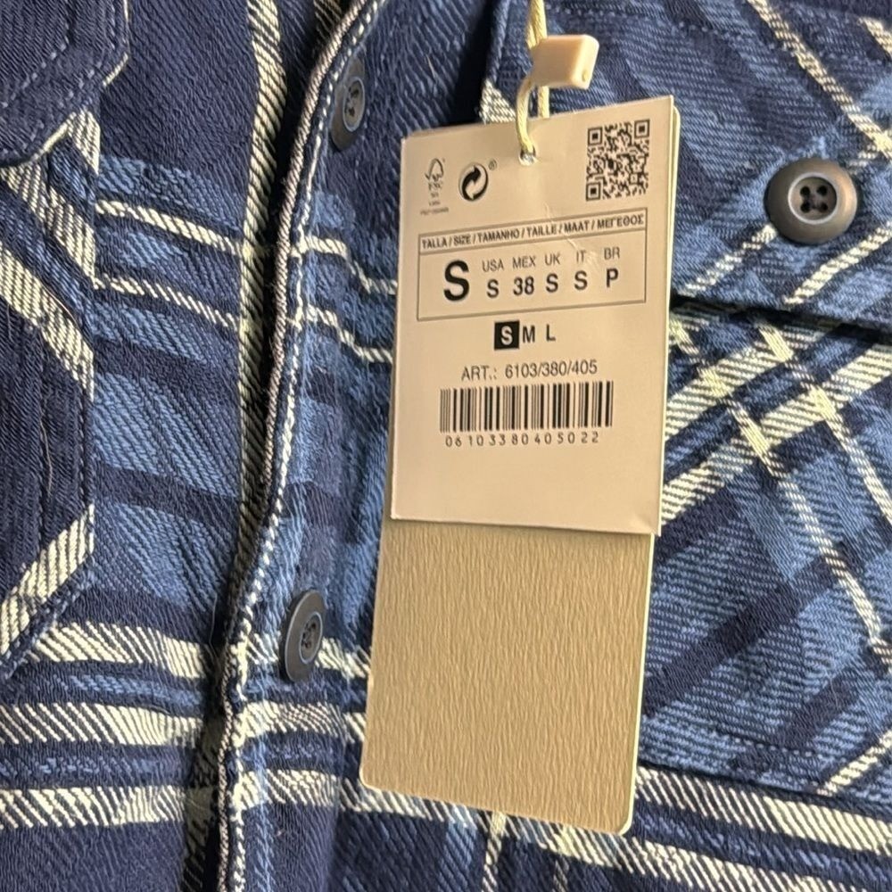 ZARA MAN 1975 Navy Blue Mens Plaid Denim Flannel Button Down Long Sleeve Shirt thumbnail 7