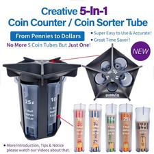 Coin Counter Coin Sorter Tube 5-in-1 Change Organizer Change Counter Coin Roller