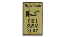 Fish Swim Surf Beach Novelty Distressed Sign, Personalized Wood Sign
