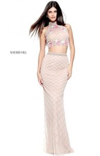 Sherri Hill Two-piece fitted gown with a cross stitch embroidered bodice. Size 0