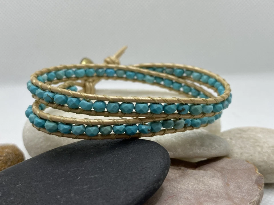 Handmade Turquoise Leather Wrap Bracelet with Czech Glass Button (Eb84) - Image 2 of 4