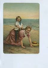 Colour Print Of Mother & Child On Beach Norway - Chromolithograph ? c1900s NWD&S