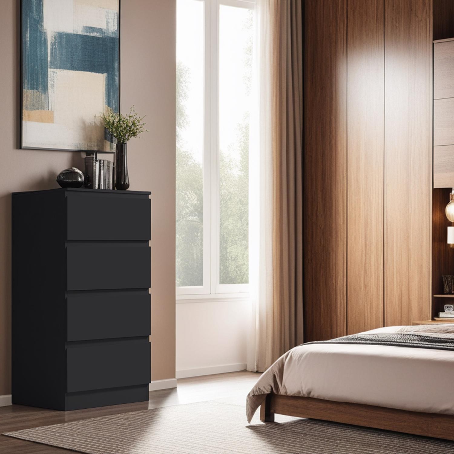 4 Drawer Chest Of Drawers Black Matt Bedside Bedroom Storage Furniture