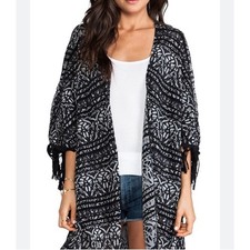Free People Kimono Cardigan Poncho XS/SM Black Metallic Relaxed Fringe Boho Open