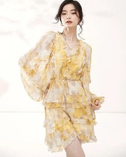 Long Sleeve Yellow Silk Mini Dress with Ruffles