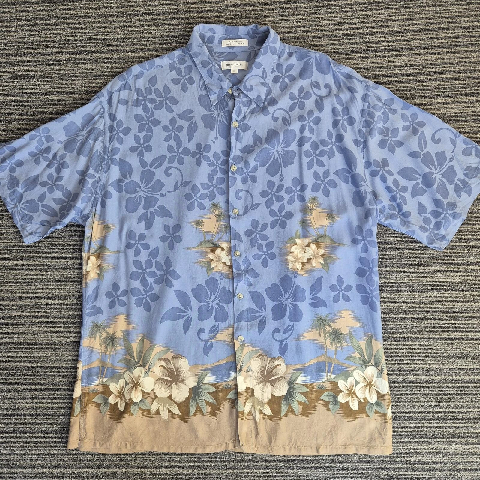 Pierre Cardin XL Blue Floral Hawaiian Shirt 100% Rayon Made in Korea
