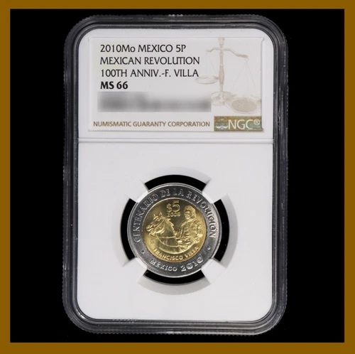 Mexico 5 Pesos Coin, 2010 Bimetallic 100th Mexican Revolution Villa NGC MS 66
