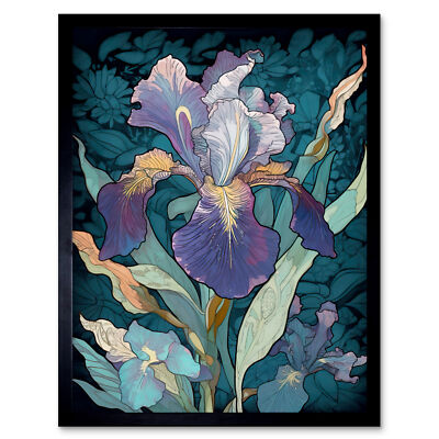 Eine einzelne Iris Blume Blüte lila türkis und gelb gerahmtes Wandbild 9 x 7 Zoll