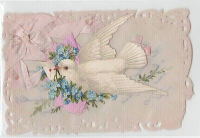 Old postcard fantasy celluloid AMITY dove letter sealed spout pink ribbon 1900s