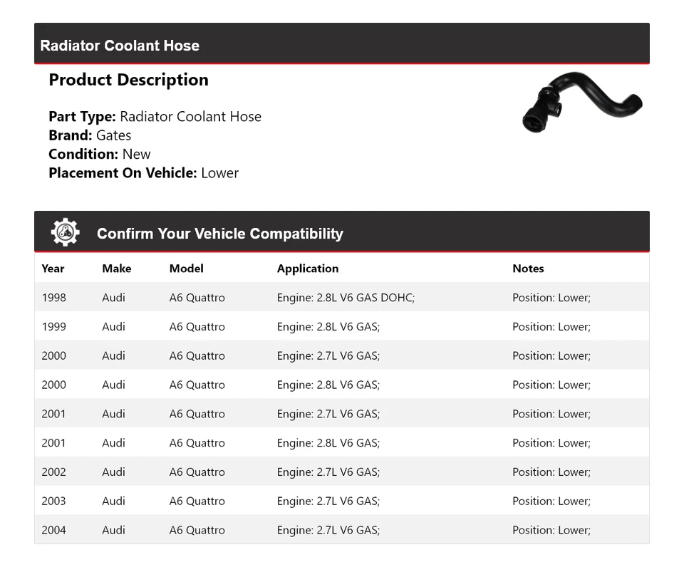 For 1998-2004 Audi A6 Quattro Radiator Coolant Hose Lower Gates 1999 2000 2001 - Image 2 of 4