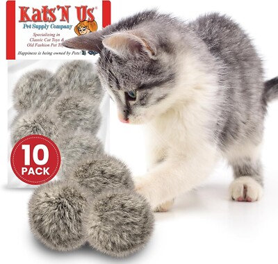 Kats'N Us 2 Inch Real Rabbit Fur Pom Pom Cat Toys   10 Pack Natural