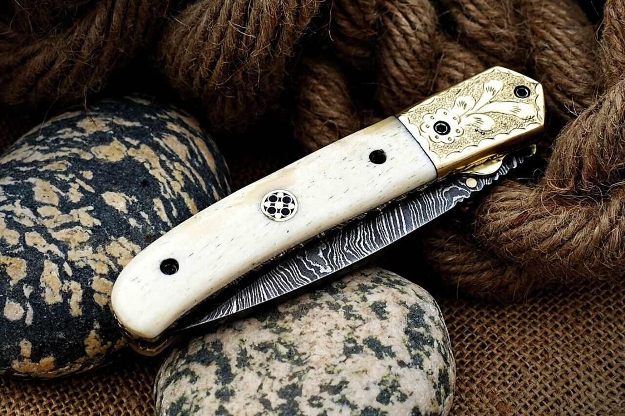Custom Hand Forged Damascus Steel Folding knife with Camel bone Handle + Sheath