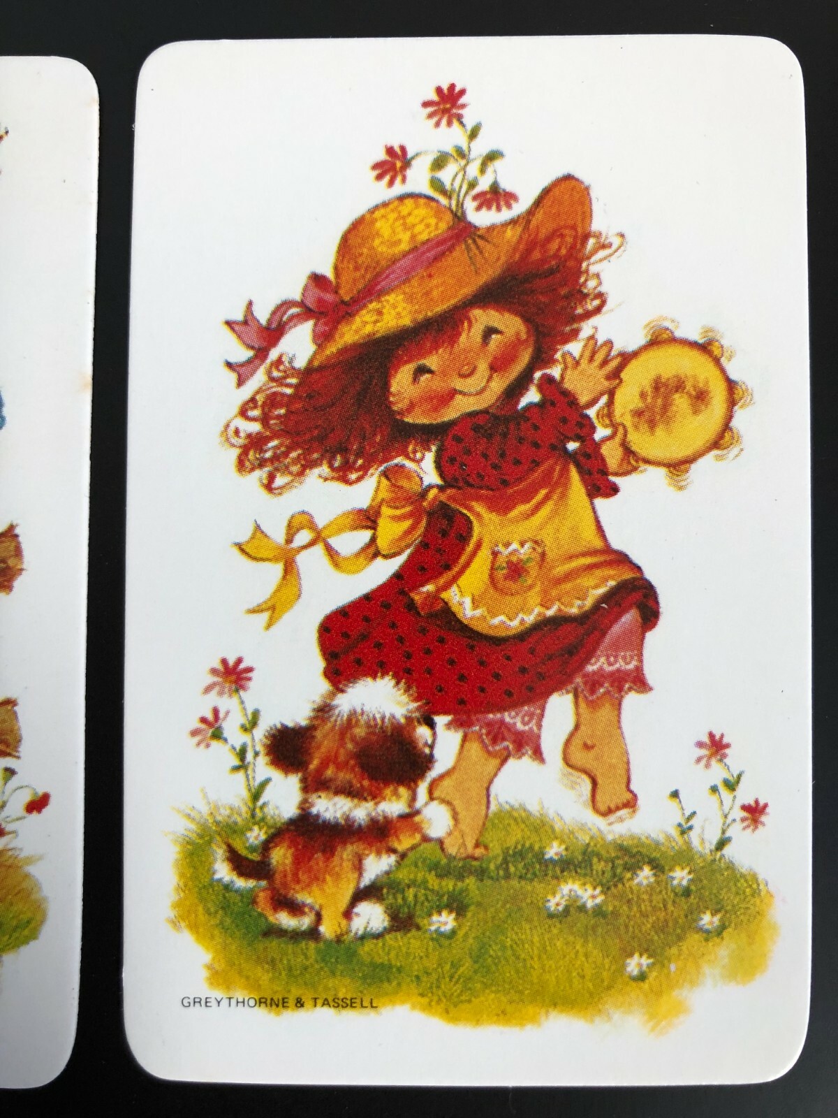 Vintage Swap Cards: Country Girls Dance Play Music Banjo. Puppy Dog Bird Flowers