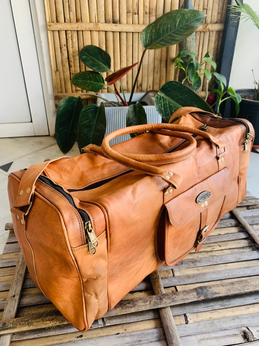 Goat Leather Gym Men Travel Luggage Bag Genuine Brown Vintage Free