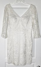 SUE WONG Ivory White Soutache Ribbon Embroidered V-Neck Mini Dress 14 US Bridal