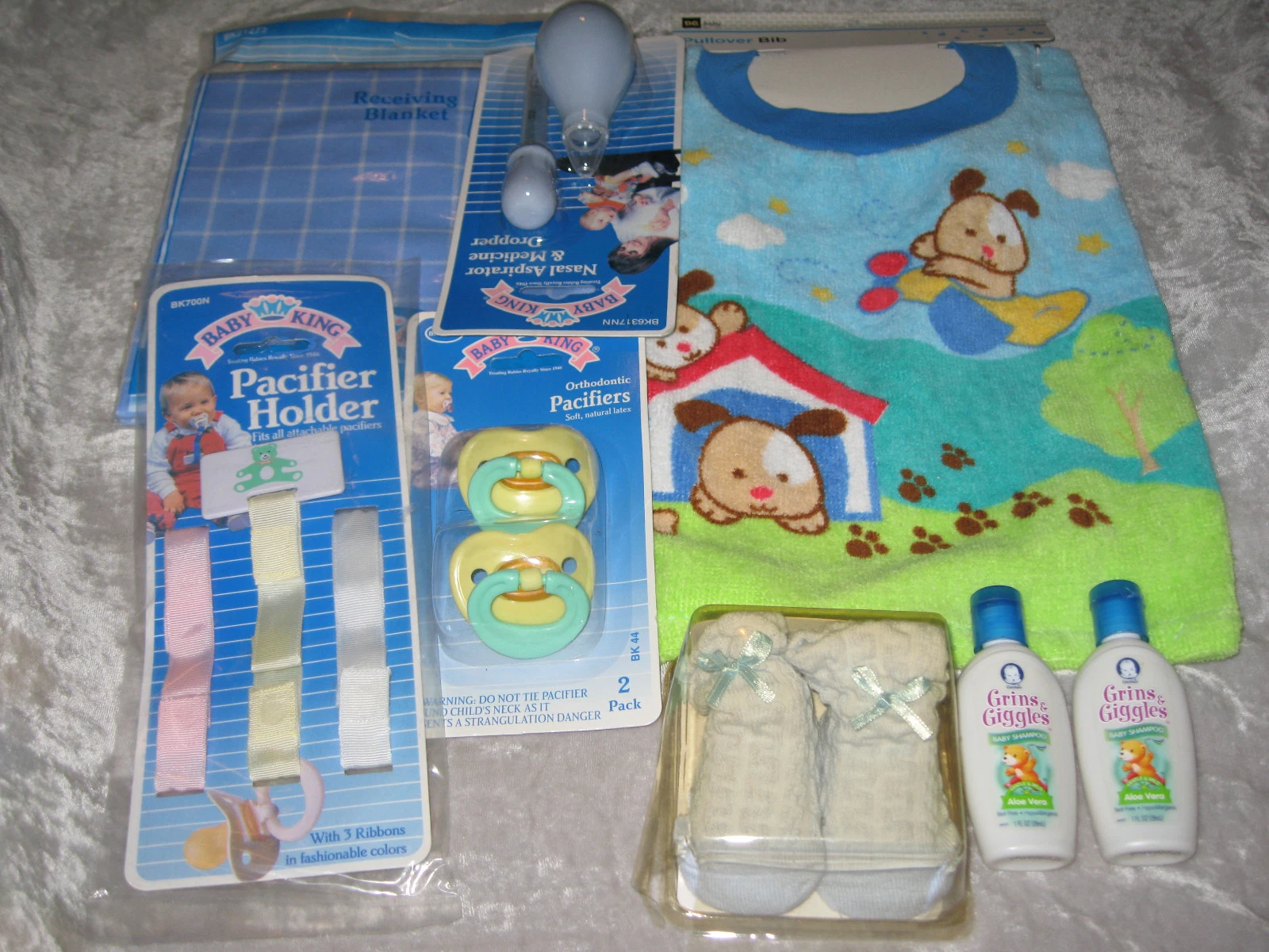Blue Baby Blanket Booties Bib Pacifier Holders Nasal Aspirator Shampoo NEW!