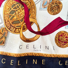 RARE Vtg CELINE Silk Cotton Scarf Handkerchief Airplane Stamp Jacquard 23" Navy