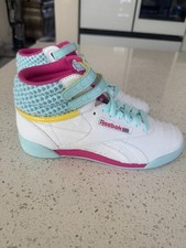 Reebok Freestyle Hi Junior High Top Sneakers Sizes 4.5 White/Pink/Cool Breeze