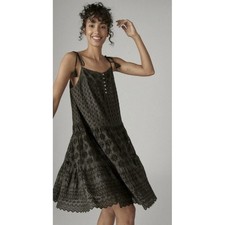 NWT Lucky Brand Tiered Eyelet Mini Dress Boho Tassel Tie Black Wash Size Large