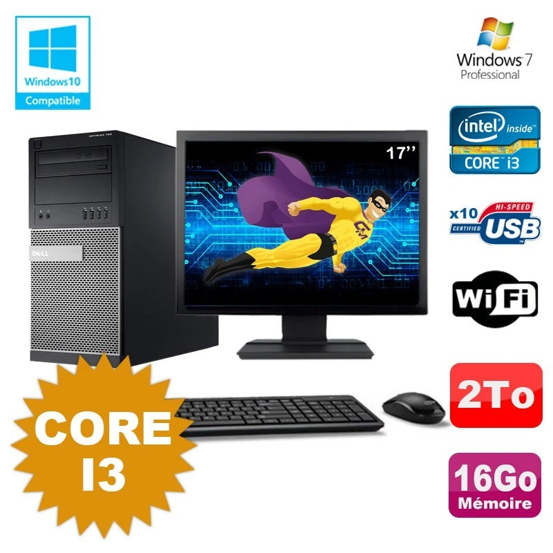 Lot PC Tour Dell 790 Intel Core I3 3.1Ghz 16Go 2To DVD WIFI Win 7 + Ecran 17" - Photo 1/1