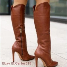 Women Knee High Stiletto Heel Pointed Toe Sexy Ladies Faux Leather Comfy Boots